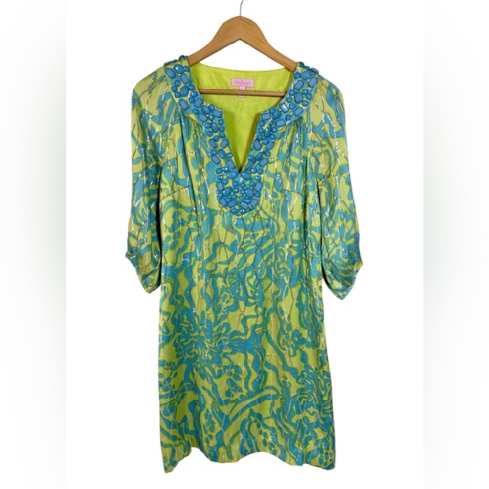 Lilly Pulitzer Silk Beaded Tunic‎ Top Green Blue Print Embellished Size 2